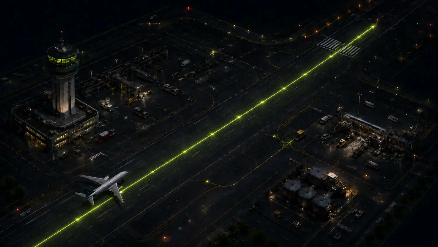 Runway with the six-phase clearance path glowing diagonally